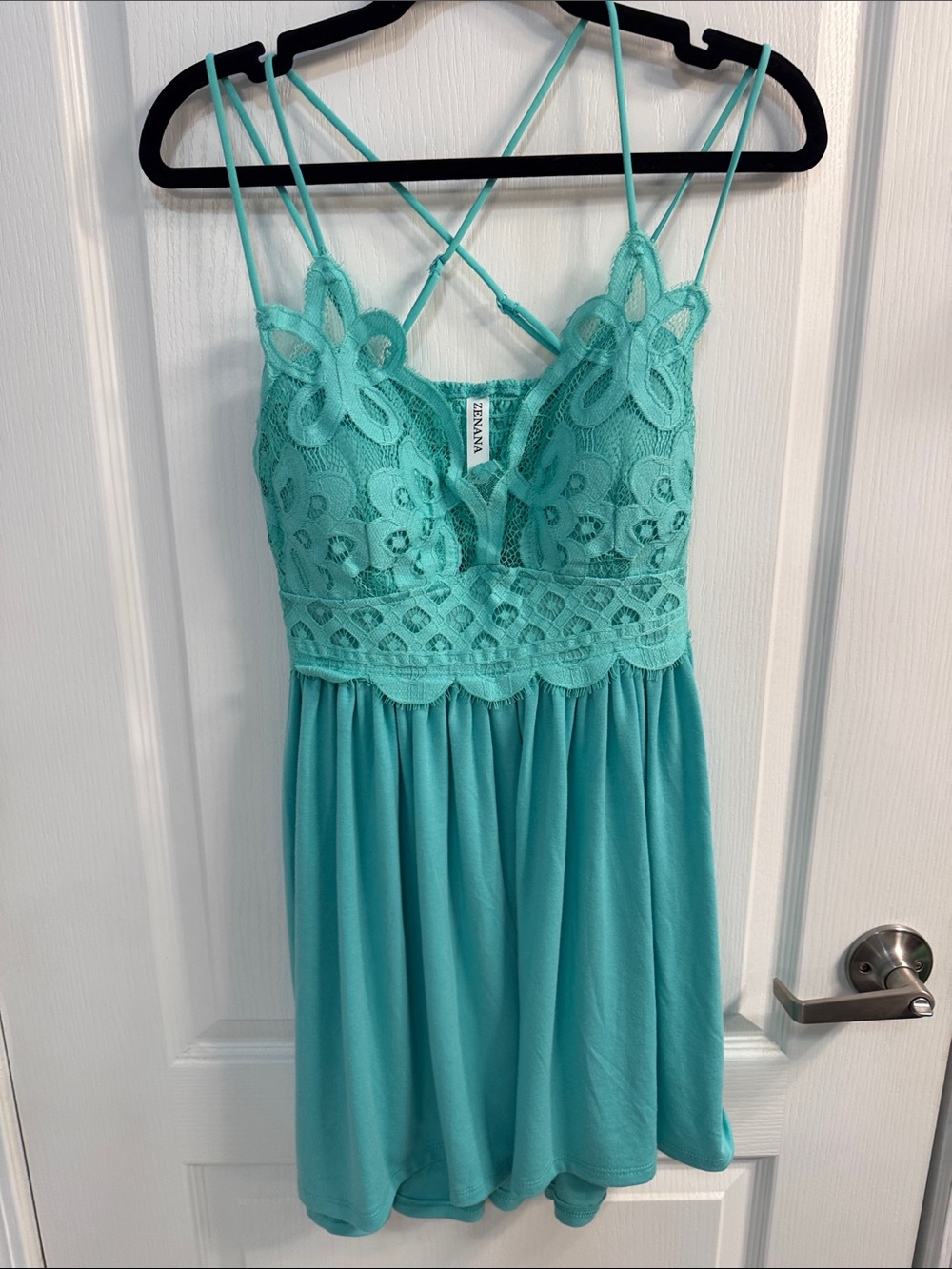 Zenana Outfitters Romantic Mint Lace-Front Babydoll Top with Crisscross Straps
